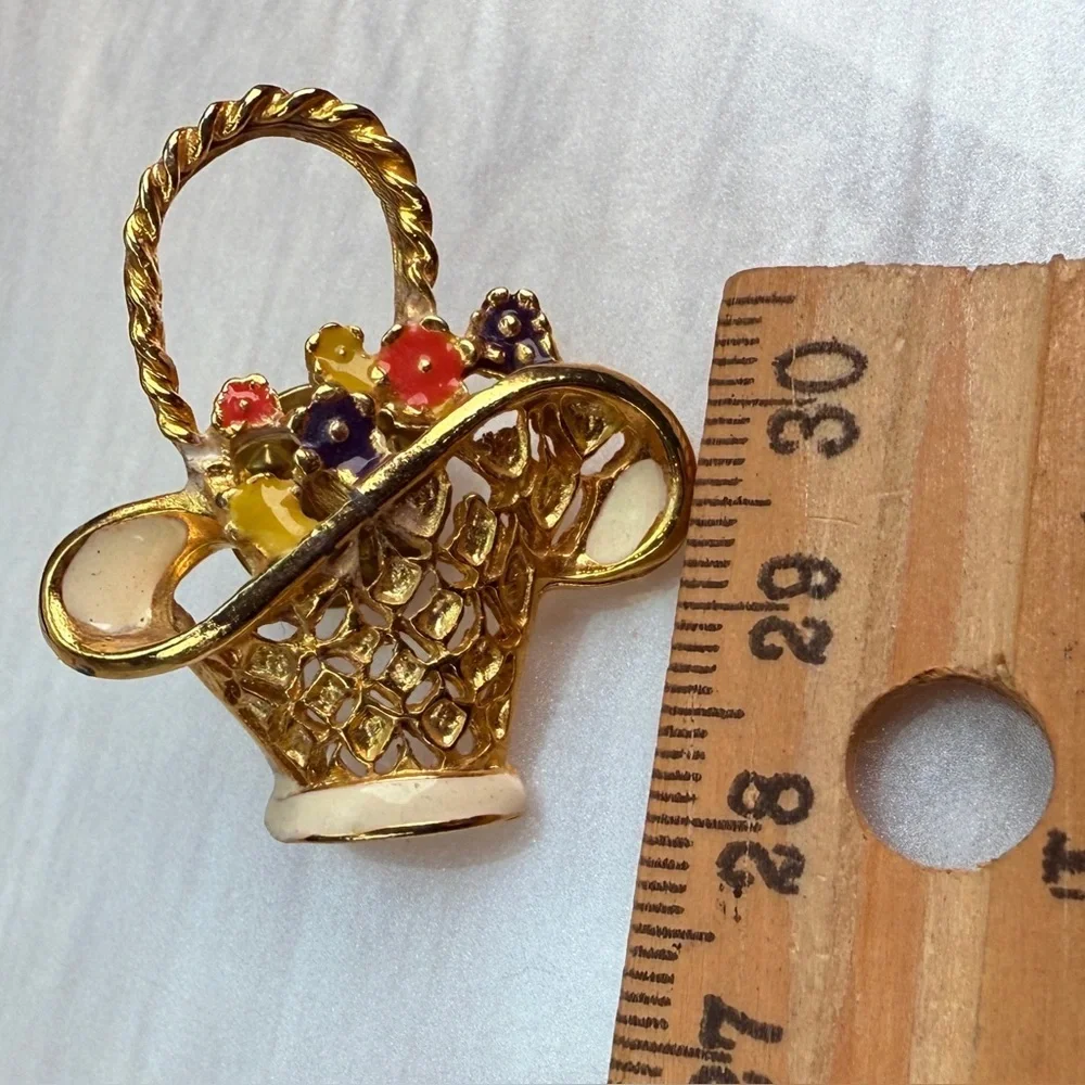 Vintage Gold Tone Flower Basket Brooch Pin Colorful Enamel Accents